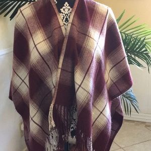 Burgundy and Cream Plaid Poncho Scarf Blanket